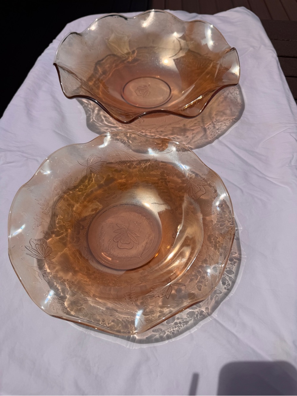 Vintage Jeanette Floragold Glass Floral Scalloped Bowls - Set of 2